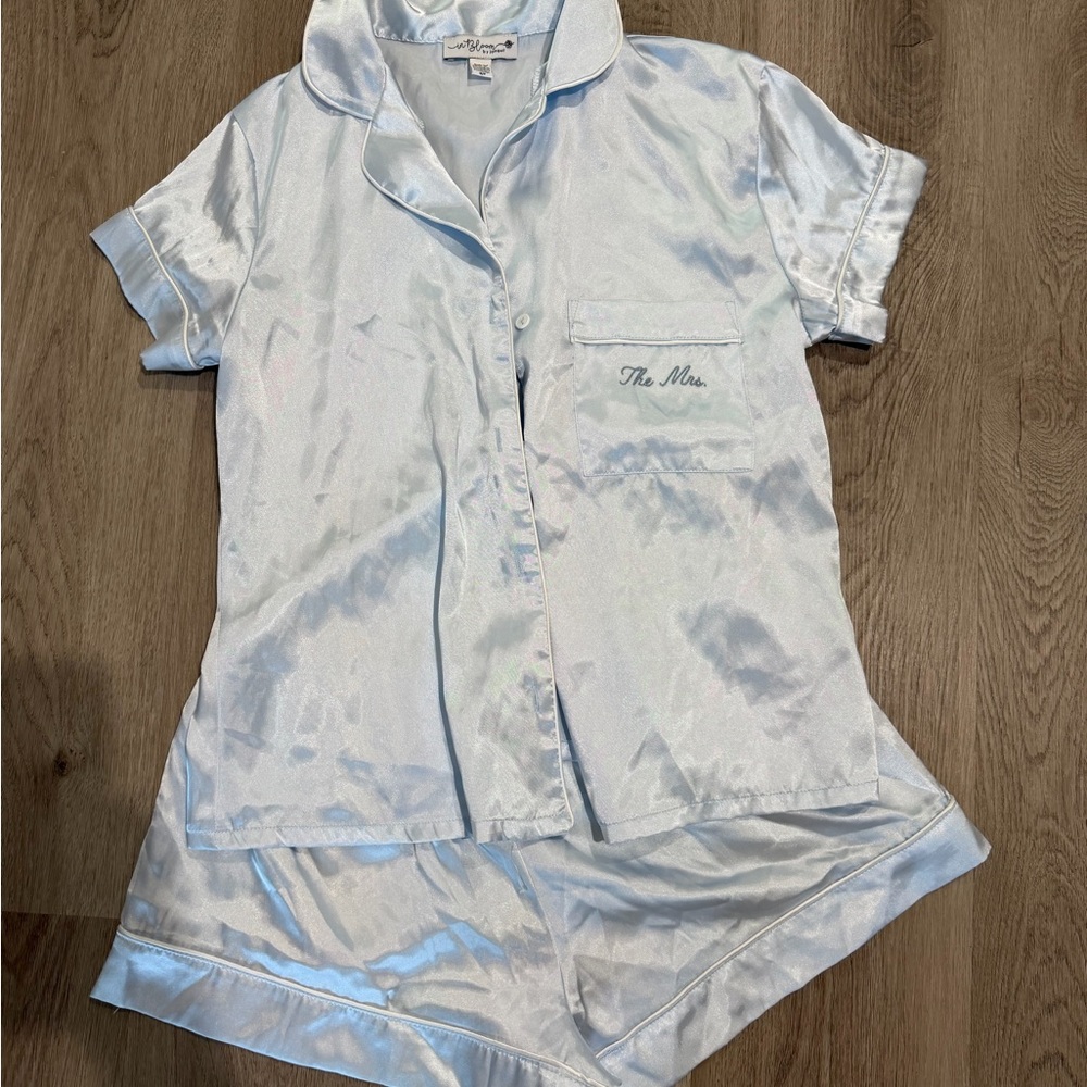 Embroidered 'The Mrs.' Satin Pajama Set - Light Blue